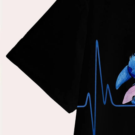 Stitch Heartbeat Love Heart ECG Line Print T-shirt, Men Cute Lilo & Stitch Black Casual Streetwear Tee