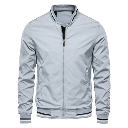 New spring-autumn men's jacket - casual and lightweight windproof coat with zipper closure, striped ribbed collar and cuffs.