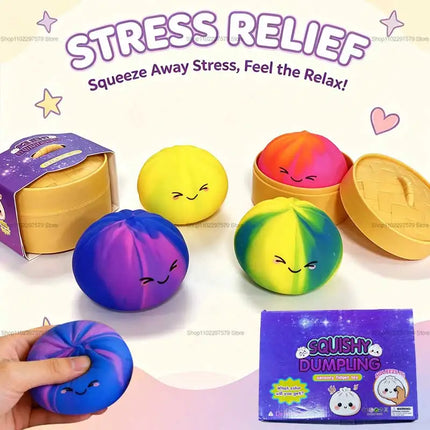 Rainbow Dumpling Squishies with Steamer Box Soft Stretchy Bao Bun Stress Relief Balls Sensory Fidget Squeeze Toys Anxiety Relief