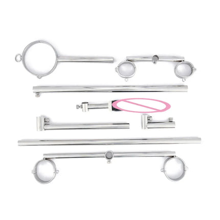 Sex Toys Stainless Steel Bar Spreader with Dildo Holder Restraint Hand Foot Collar Bondage Toture Rack Frame Handcuffs BDSM Tool