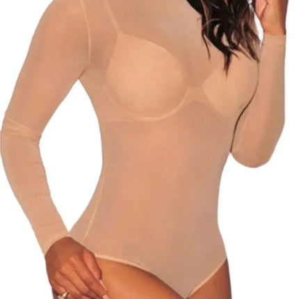 Women Mesh Bodysuits Summer Fall Long Sleeve Mock Neck Bodycon Body Top See Through Vintage Sexy Clubwear