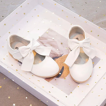 Girls Leather Shoes with Big Bow-knot Princess Sweet Classic Fashion Children Party Shoes White for Wedding Soft Anti-slippery