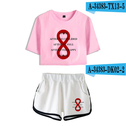 Youthful Black White After We Collided Girl Dew navel Two Piece Set Sexy Short Sleeve Crop T-shirts+Shorts Pants Tracksuit