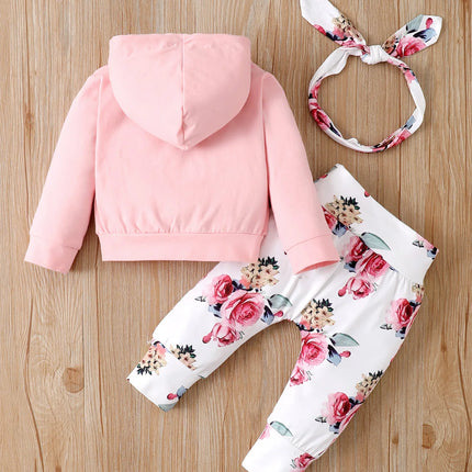 0-18 Months Newborn Baby Girl Floral Clothes Set Hooded Printed Top+Pant+Headband 3PCS Autumn&Winter Toddler Girl Fashion Outfit