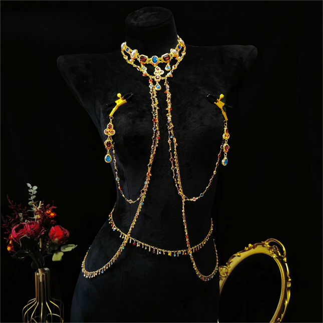 Rhinestone Body Chain Set with Nipple Clamps, Back Chain, and Waist Chain, Luxury Multicolor Crystal Body Jewelry for Night Club