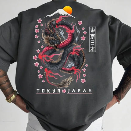 Fashionable men's summer new dragon print flower comfortable breathable round neck T-shirt outdoor street style top