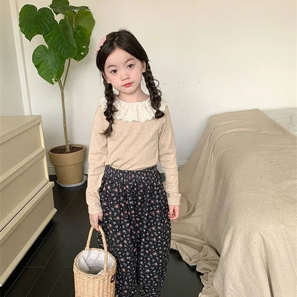 1-12 Years Long-Sleeved Shirts Children's Spring Knitted Tops Baby's Lace 2025 Lace Base Shirt Korean Girls Ruffle Collar T-shirt