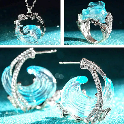 1/3PCS Ocean's Oath Wave Decorative Ring Necklace Earrings Jewelry Set For Women Gift Fashion Sky Blue Decoration Jewelry Gift
