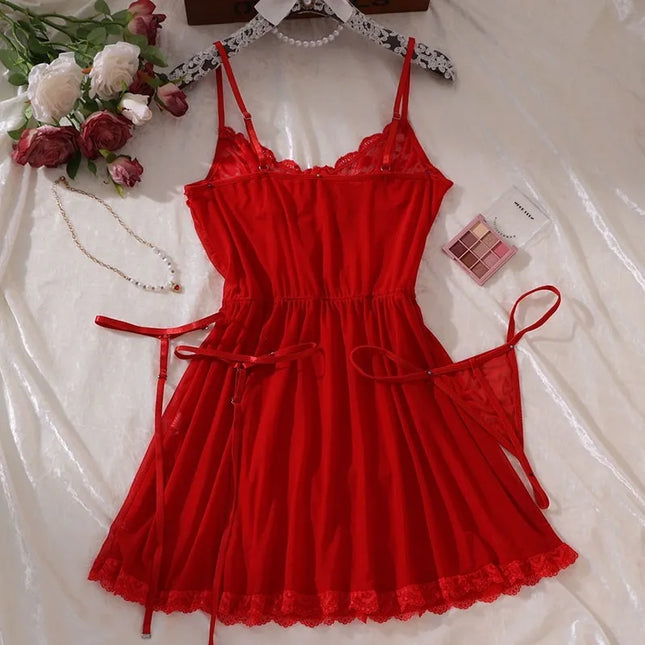 Sexy Bra And Garter Belt Lingerie Hot Red Babydoll Dress Erotic Women Exquisite 3-Piece Sets Thong Nightgown Set With Leg Rings