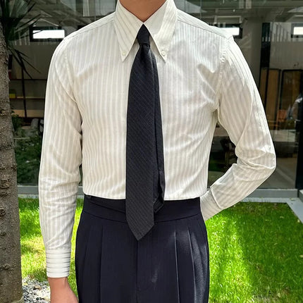 2026 Spring Fall Daily Casual Mens Slim Shirts Long Sleeve Turn-down Collar Button Shirt Top Men Fashion Striped Texture Shirt