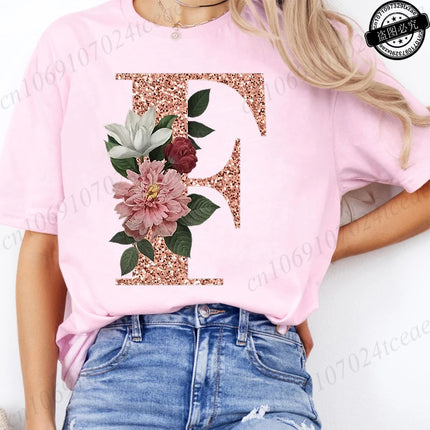 T Shirt for Women Clothing Summer Short Sleeve Tee shirts Rose Gold Letter A~Z Printed Graphic Tops Female T-Shirts Clothing