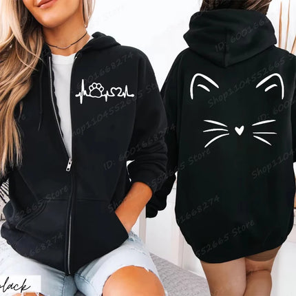 Women Zipper Hoodies Autumn Winter New Cute Cat Heatbeat Line Print Hoodies Hip Hop Streetwear Women Zip Up Jacket Coat Clothing