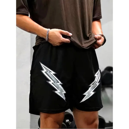 Black Basic Lightning Bolt Shorts, Worn Outdoors and Indoors in Summer