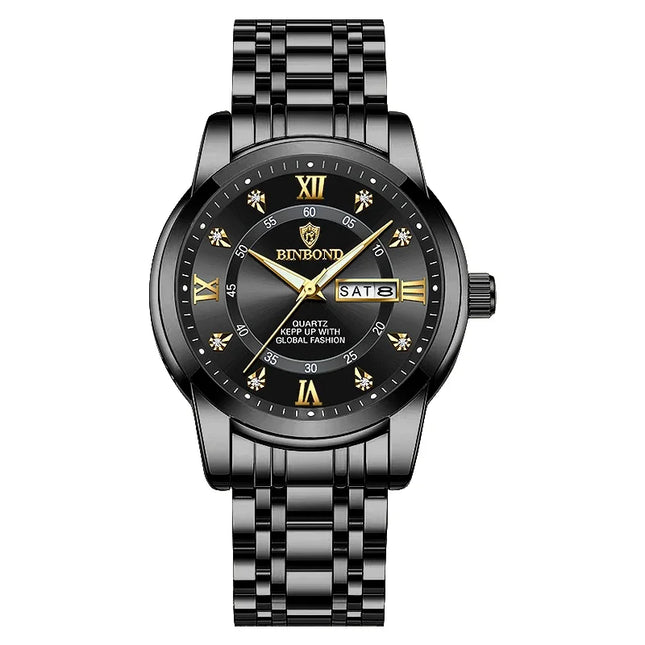 BINBOND Luxury Men Quartz Watch Waterproof Date Week Luminous Wristwatch Stainless Steel Men's Watches Male Clock Sports Reloj