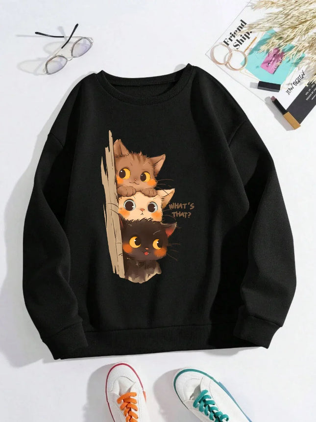 Three Little Cats Are Secretly Watching You Print 2025 Autumn Winter Hoodie Women Street Sweatshirt Basics Sporty Pullover Cloth
