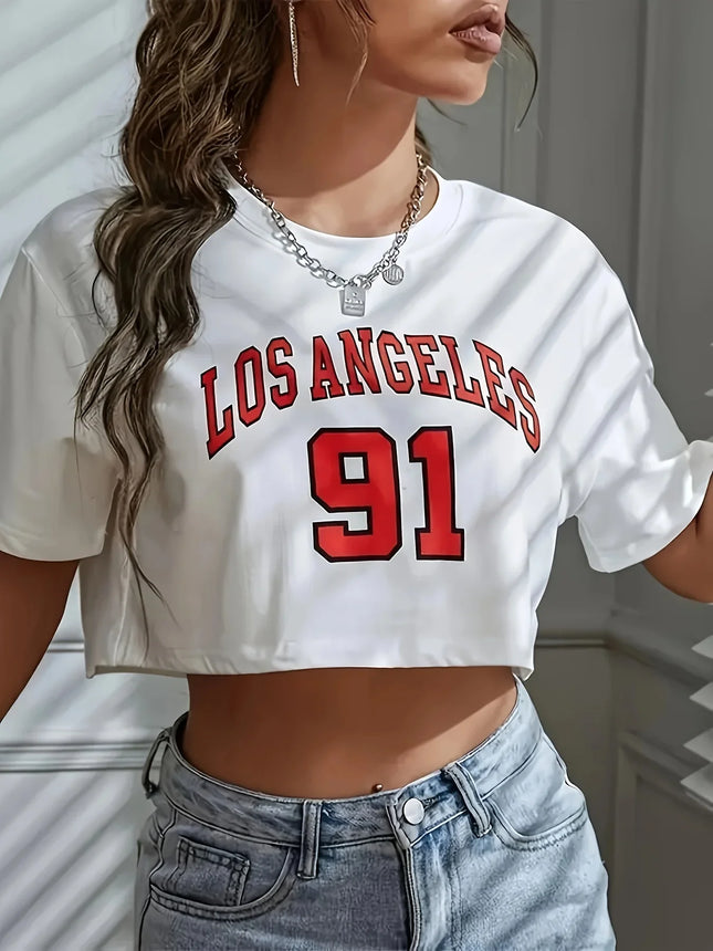 Los Angeles Number 91 Brooklyn Graphic T-shirt Round Neck Sports Crop T-shirt Casual Crop Top Women Cropped