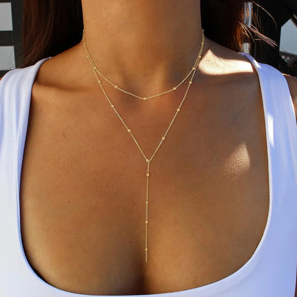 Gold Necklace for Women 14k Gold Plated/Silver Y-Shaped Pendant Necklace Layered Beaded Chain Drop Necklaces For Women Gift