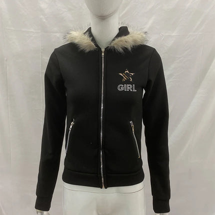 Vintage American Retro White Letter Hoodie Women Winter Faux Fur Lined Zip Up Sweatshirt Cozy Pullover Streetwear 2026 New