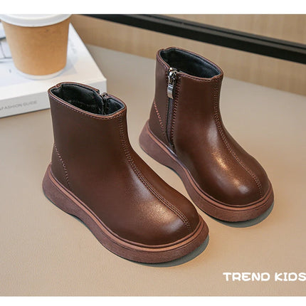 Children Fashion Boots Simple Girls Ankle Boot Black Kids Short Leather Boots Side Zipper Thick Bottom Autumn Winter 2024 New