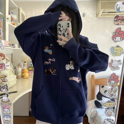 Classics Sweet Cute Gentle Cartoon New Puppy Embroidery Zip Up Hoodie Women Jacket Lined Loose Casual Sweatshirt for Women