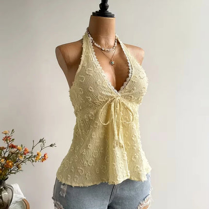 Women's summer V-neck lace up exposed neck and backless casual vacation Topboho Easter beach clothing Hawaii Coachella Music Fes