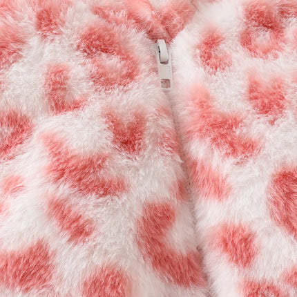 Cute Casual Light Pink Plush Autumn and Winter Leopard Print Comfortable Hooded Baby Jumpsuit