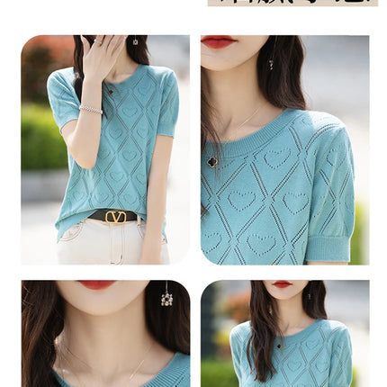 New Summer Fashion 100% Pure Cotton Women's Sweater Short sleeved Casual O-neck Pullover T-shirt Loose Knitted Hollow Top