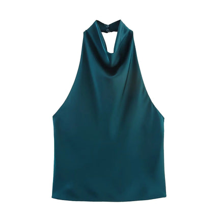 JNLEAOG Autumn New Women's Fashion Design Silk Satin Feel Hanging Neck Dress European Sleeveless Slim Fit Polyester Velvet