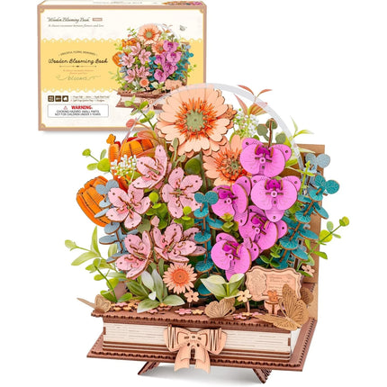 Rolife 3D Puzzle Wooden Blooming Book DIY Artificial Flower Bouquet Model Building Kit for Home Decor Wedding Mother's Day Valentine's Day Gift for Women Adults