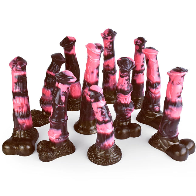 FAAK Colorful Silicone Ribbed Fantasy Horse Knot Dildo with Suction Cup Anal Sex Toys Soft Girthy Huge Fake Penis for Women