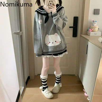 2025 Women's Clothing Japanese Sweatshirts Cute Cat Sailor Collar Loose Hoodies Cotton Thicked Fashion Casual Hoodie Ropa Mujer