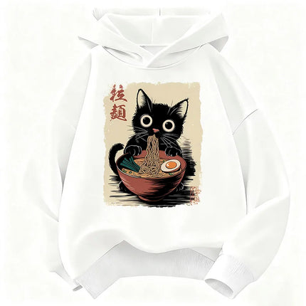 Retro Japanese Ramen Cat Hoodie Manga Kids Cat Children's Sweatshirt Cute Hoody for Boys Girls Autumn Winter Casual Hoodies
