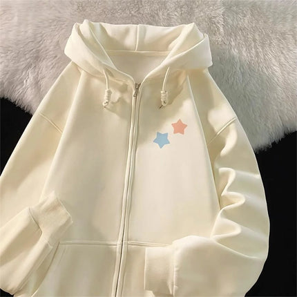 Cute Star Print Zipper Hooded Jacket Spring And Autumn Thin Collection Fashion Trends Versatile Casual Lazy Wind Sweatshirt Girl