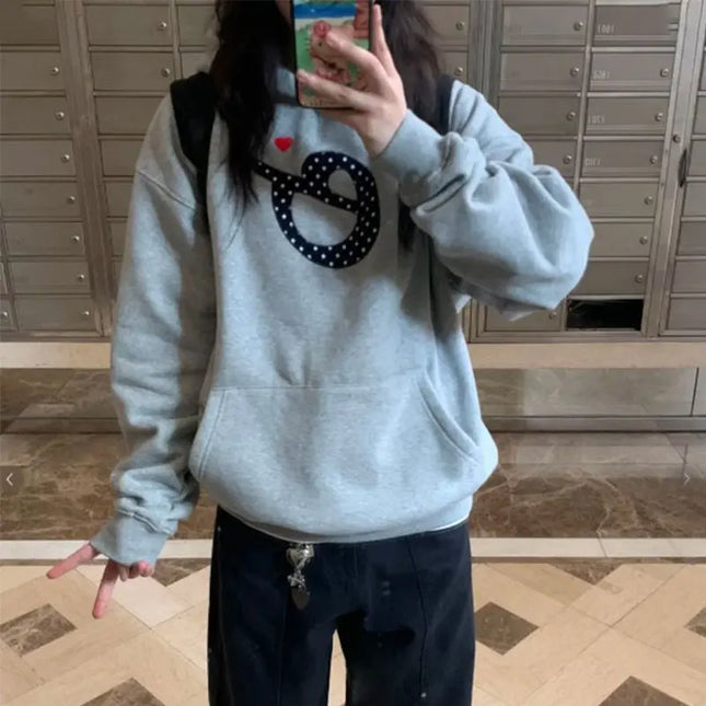 Vintage Fashionable Letter Patch Designs Sweatshirts Autumn Winter Fleece American Hooded Women's Clothing Casual Loose Hoodies