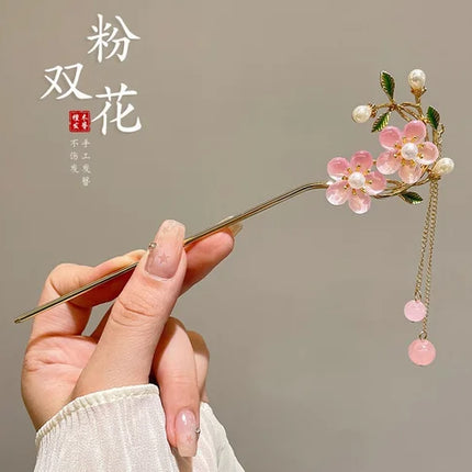 Neo Chinese Hairpin For Women Trendy Metal Flower Tassel Hair Stick Girls Daily Travel Shopping Jewelry Hair Accessories 1pc