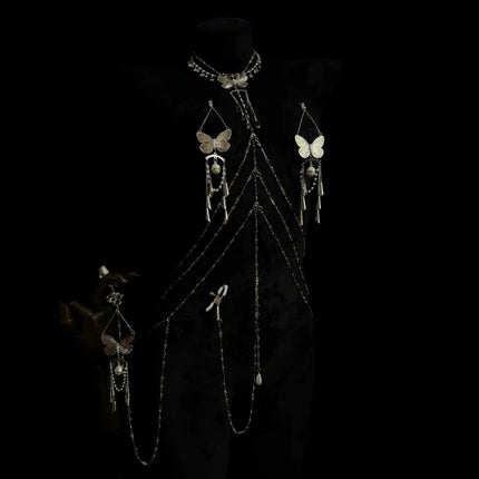 Sexy Butterfly Nipple Clips Body Chains Collar-Integrated Set Paired with Butt Plugs Vaginal Clamps Body Restraints Sex Toys