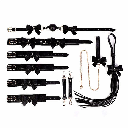 Elegant SM Bowknot Bondage Set Delivers Collar Leash Gag Handcuffs Ankle Cuffs And Whip For Sensual Roleplay Costume Exploration
