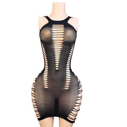 Women Tight Night Club Hollow Out Mesh Dress Sexy Fashion V Neck Embroidery Sleeveless Short Stretch Bodycon Dresses Nightdress