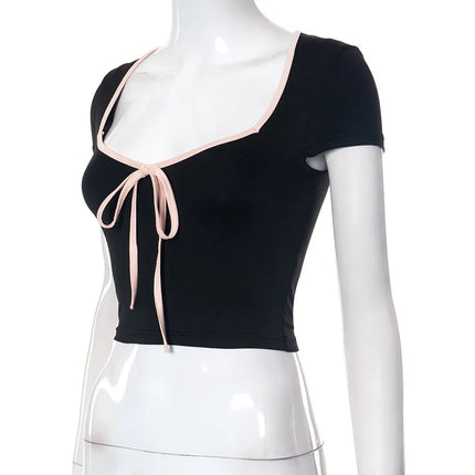 Y2K Summer Crop Top Bow Baby Tees Women's Clothes Chic Cute Low Cut Short Sleeve T-Shirts Black
