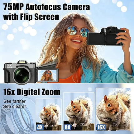 4K Digital Camera for Photography 16X Digital Zoom Vlogging Camera for YouTube 64MP WiFi Auto Focus Video Camera 3" Flip Screen