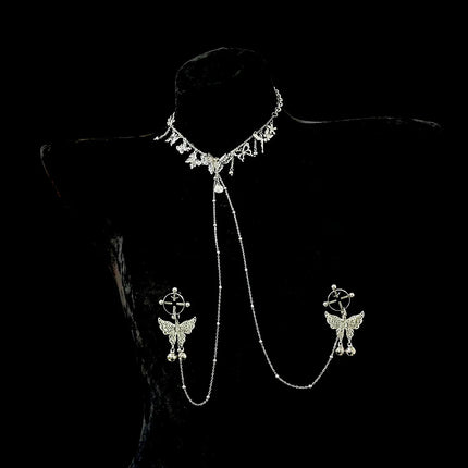 Silver Butterfly Bell Nipple Clamps Pearl Collar Body Chain Detachable Integrated Design Sexy Accessories SM Training Sex Toys