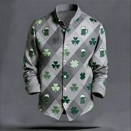 Men's long sleeved shirt with lucky grass pattern, fashionable trend, loose top, street outdoor, casual and comfortable