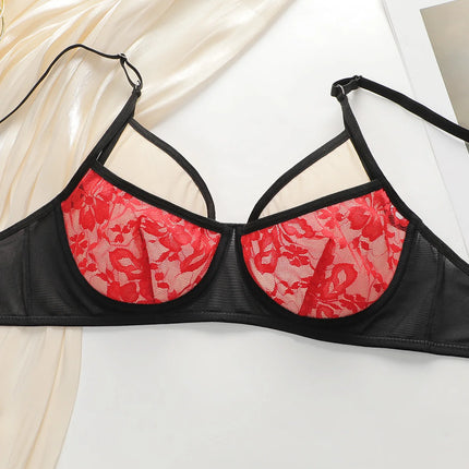 Hot Sale Seductive Black Mesh Red Floral Lace Sheer Underwire Bra Brief Lingerie Set Soft & Breathable YS2450