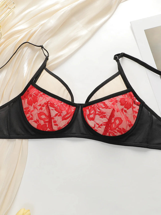 Hot Sale Seductive Black Mesh Red Floral Lace Sheer Underwire Bra Brief Lingerie Set Soft & Breathable YS2450