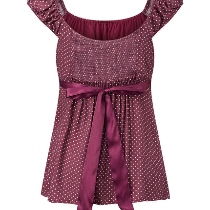 Women Summer Fairy Grunge Y2k Babydoll Shirts Cap Sleeve Micro Polka Dot Tie Back Flowy Slim T-shirts Tops Preppy Clothes