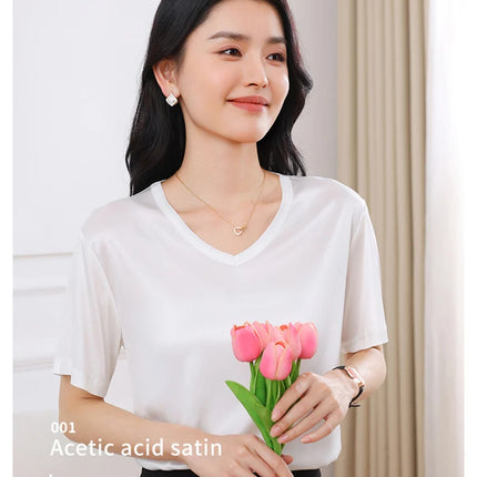 2026 Summer New Women's T-shirt V-neck Knitted Women's Short Sleeve High end Acetate Fiber White Fashion Women's Top