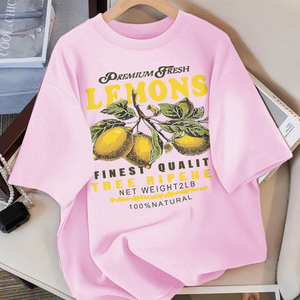 Lemons Fruits Premium Fresh Printing T Shirt Woman Loose Cotton Sportswear O-Neck Casual T Shirts Loose All-Match Short Sleeve