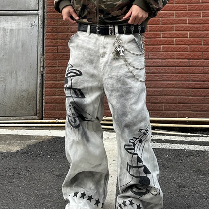 2026 American Retro Y2K Style Dirty Washed White Baggy Jeans Pants For Men Clothing Star Printed Straight Cotton Long Trousers