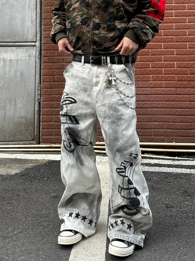 2026 American Retro Y2K Style Dirty Washed White Baggy Jeans Pants For Men Clothing Star Printed Straight Cotton Long Trousers