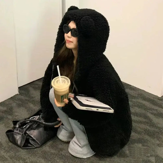 2025 New Cute Girl Little Bear Ears Imitation lamb Wool Zipper Hooded Coat Collection Casual Fashion Versatile Trends Lazy Wind